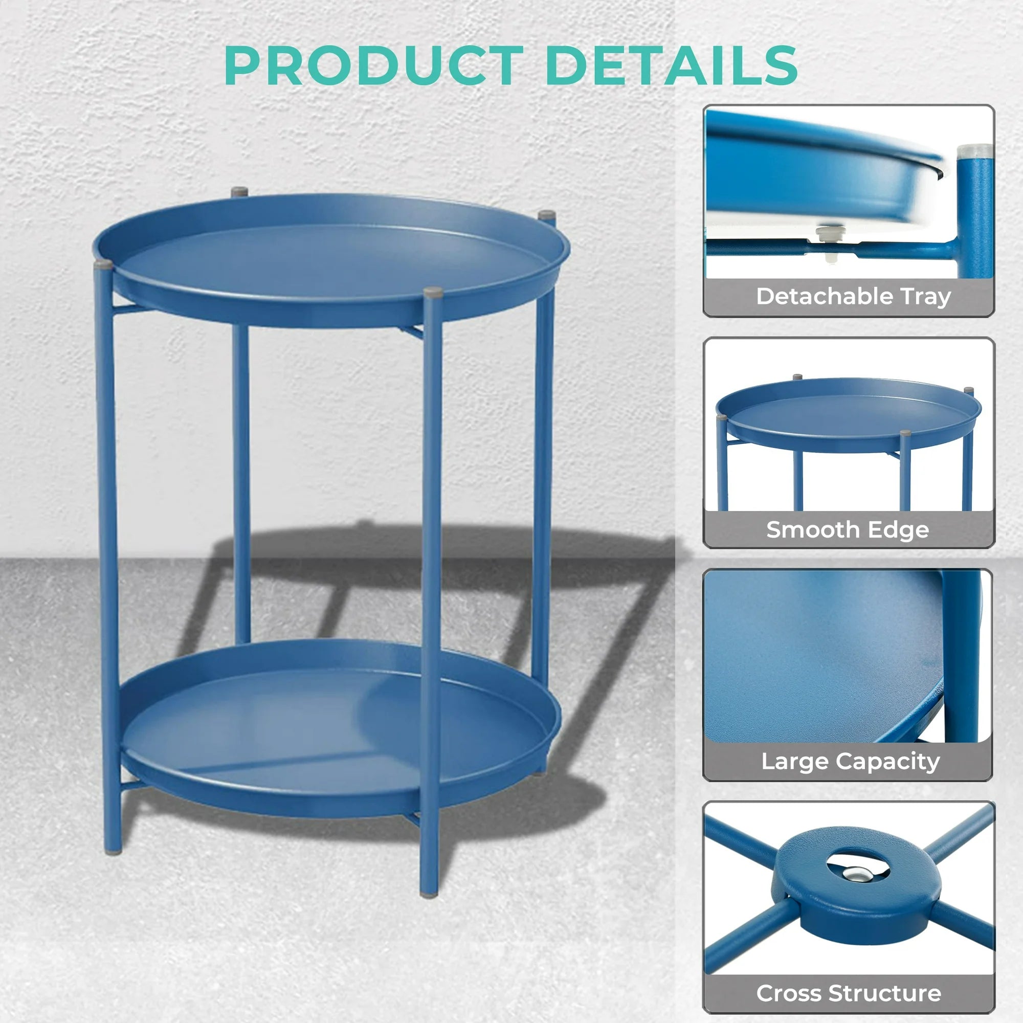2-Tier Round Metal End Table with Removable Tray – Small Space-Saving Side Table for Living Room, Bedroom, Balcony, Patio, Blue