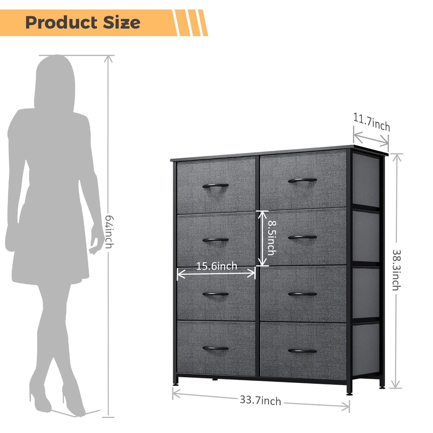 8 Drawers Dresser, Fabric Closet Chests Storage Organizer Tower with Wooden Top Metal Frame for Bedroom Living Room Hallway Entryway, Grey