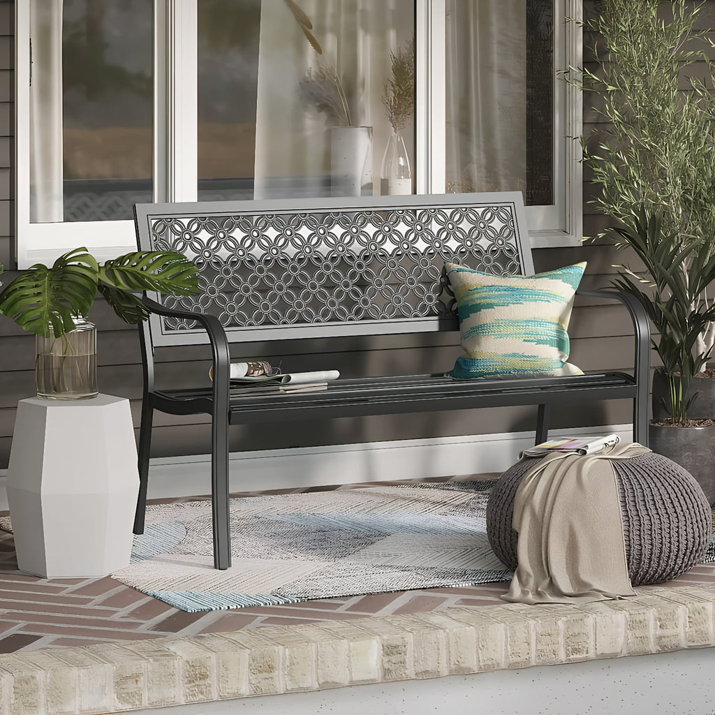 Outdoor Bench with Floral Design, Anti-Rust Steel Garden Bench for Patio, Porch, Park, Weatherproof Metal Bench with 660LB Capacity, Sunflower for Yard, Garden Decor Black