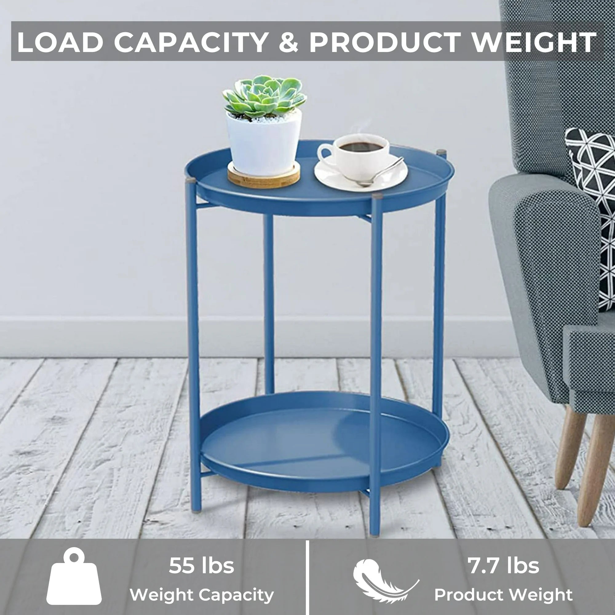2-Tier Round Metal End Table with Removable Tray – Small Space-Saving Side Table for Living Room, Bedroom, Balcony, Patio, Blue