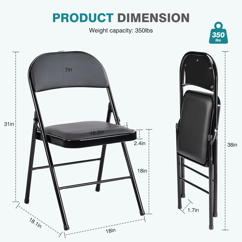 2 Pack Leather Padded Folding Chairs, Indoor Outdoor Stackable Portable Metal Frame Chairs, Comfortable Seating for Home Office Party Events, Black