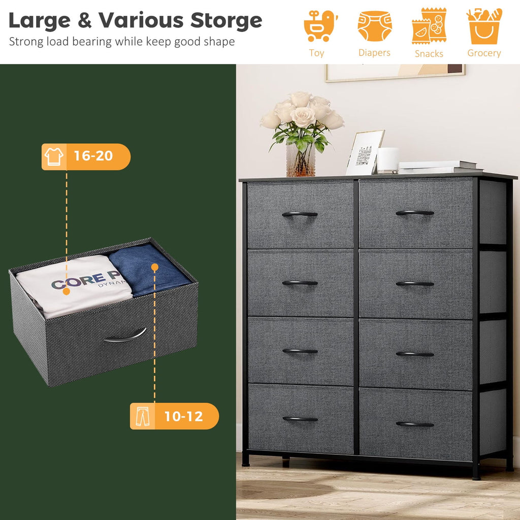 8 Drawers Dresser, Fabric Closet Chests Storage Organizer Tower with Wooden Top Metal Frame for Bedroom Living Room Hallway Entryway, Grey