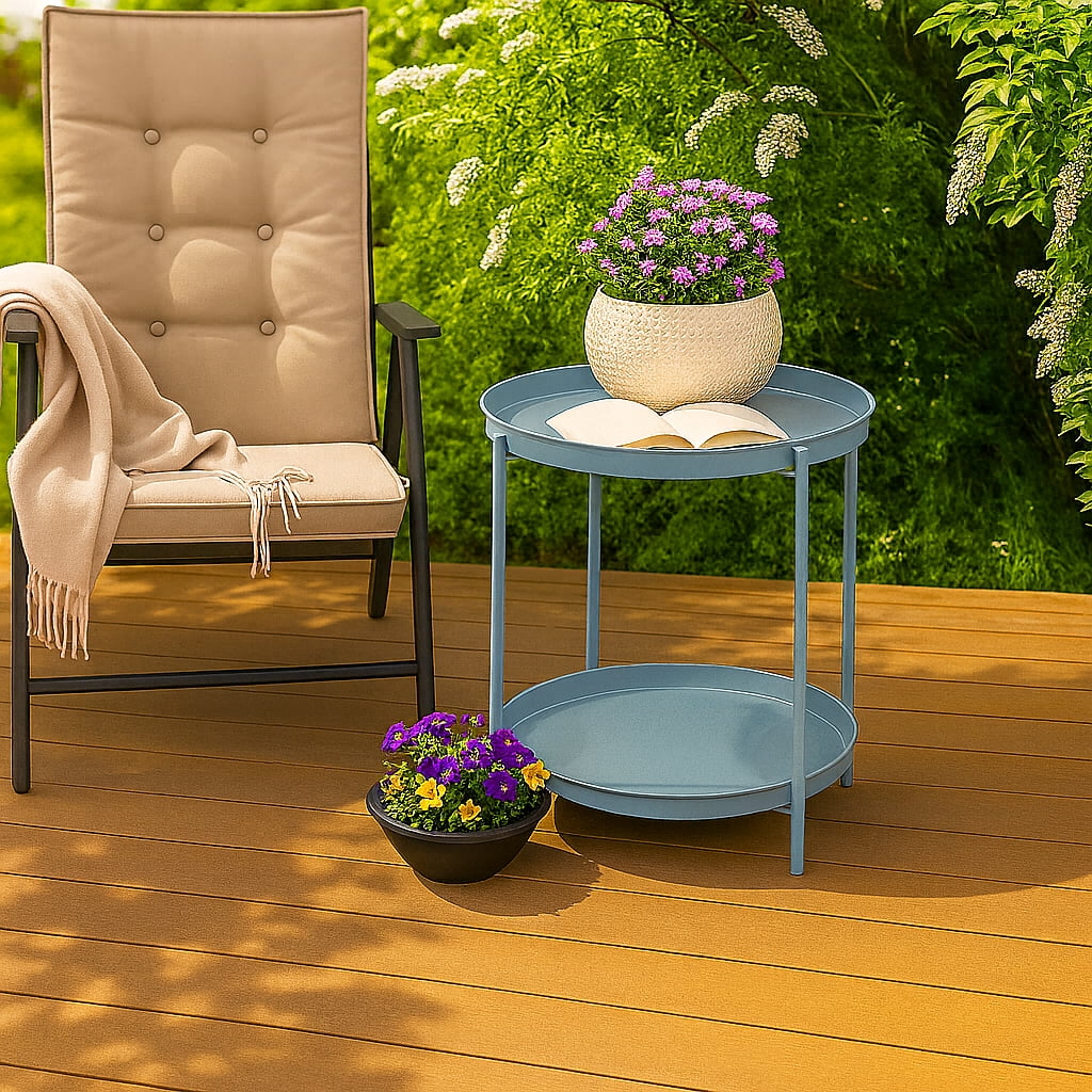 2-Tier Round Metal End Table with Removable Tray – Small Space-Saving Side Table for Living Room, Bedroom, Balcony, Patio, Blue