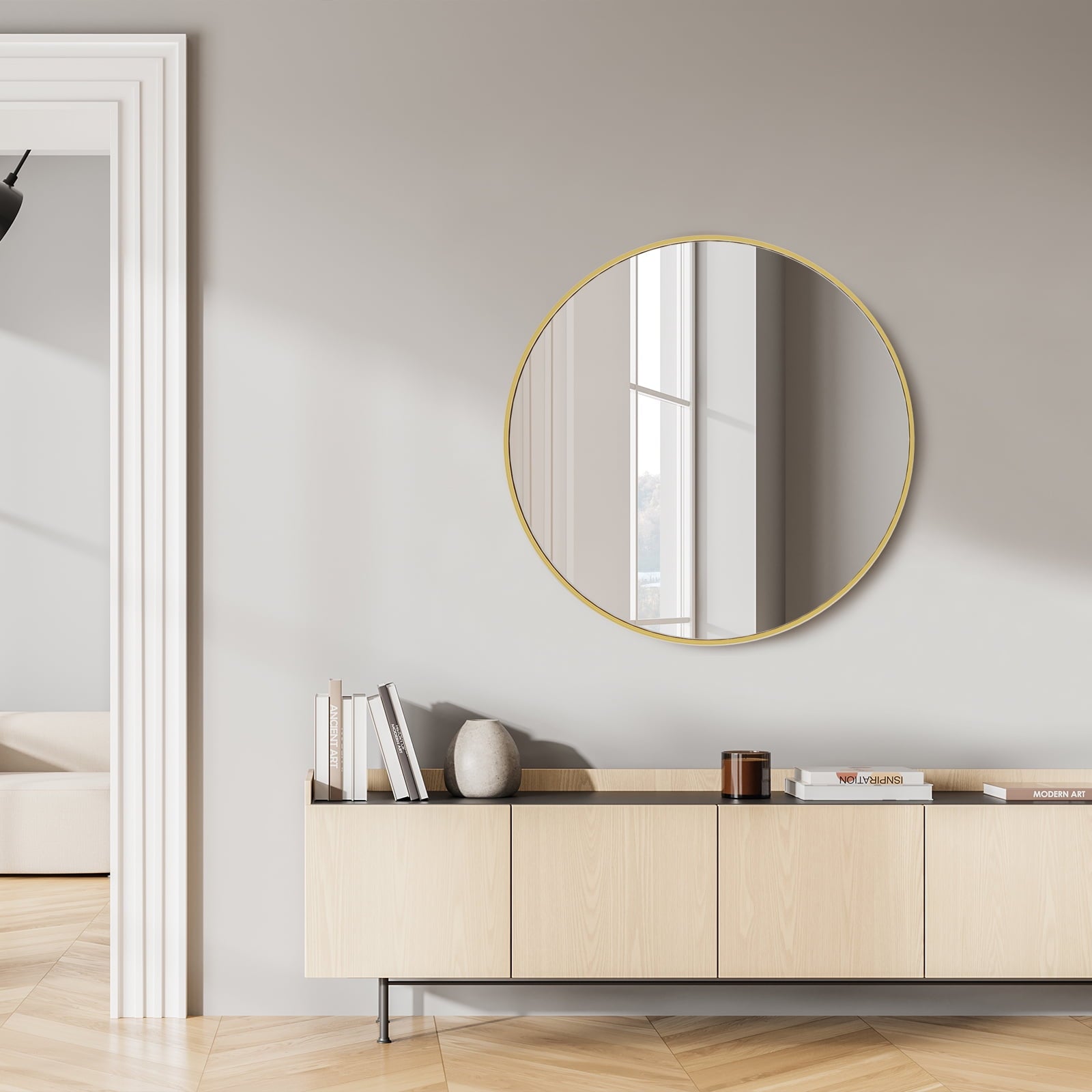30" Round Mirror, Wall Mounted Circle Mirror, Vanity Mirror with Brushed Aluminum Alloy Frame for Entryway, Bathroom, Living Room, Gold