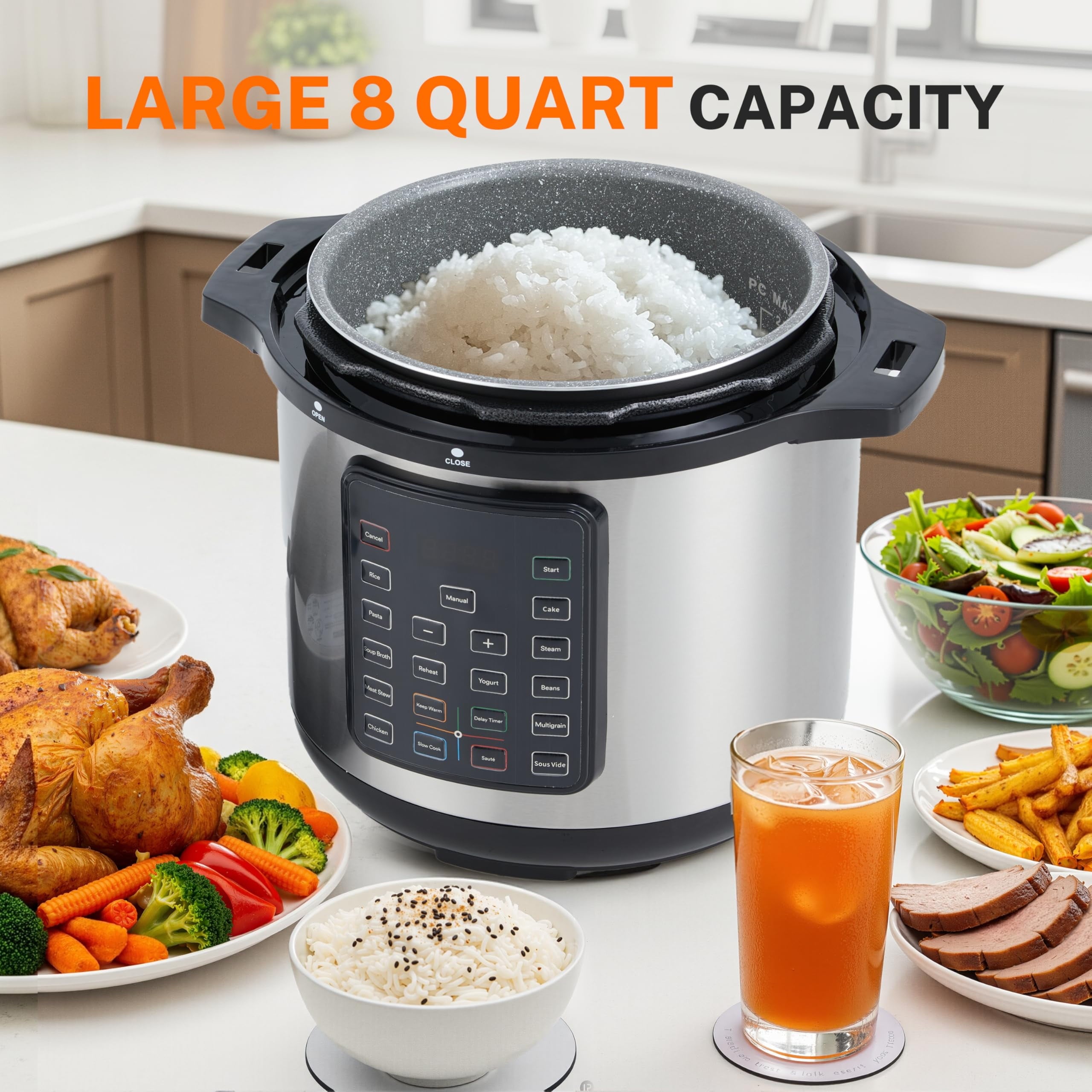 Electric Pressure Cooker 8 Quart, 9-in-1 Multi Cooker with Stainless Steel Housing, Smart Slow Cooker, Rice Cooker, Steamer & Yogurt Maker for Family Meals