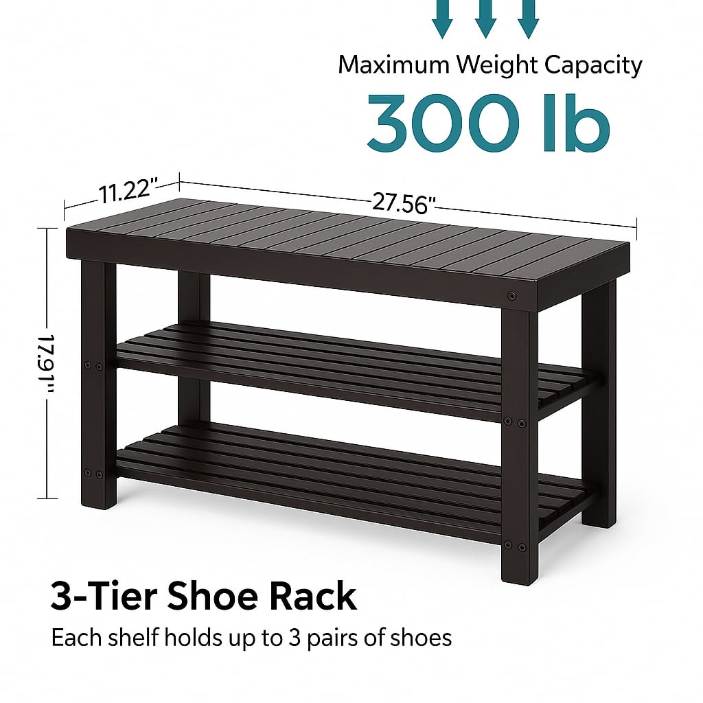 Shoe Rack Bench, 3-Tier Bamboo Shoe Storage Organizer, Entryway Bench, Holds Up to 300 lb, 27.6*11.2*17.9 Inches, for Entryway Bathroom Bedroom-Brown