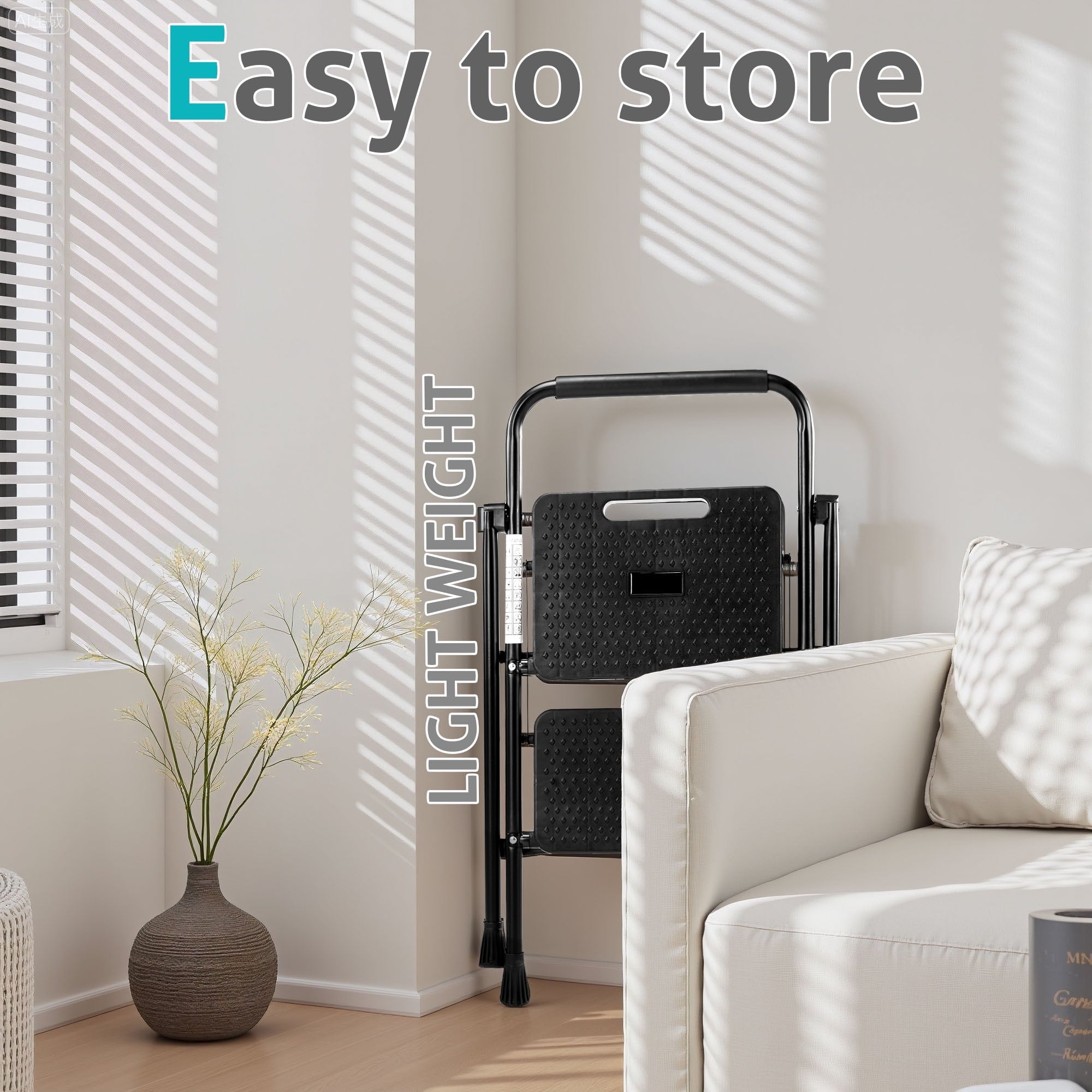 Heavy Duty 800lbs 2-Step Folding Ladder, Sturdy Steel Step Stool with Wide Anti-Slip Pedals, Lightweight Portable Ladder for Home, Kitchen, Garage