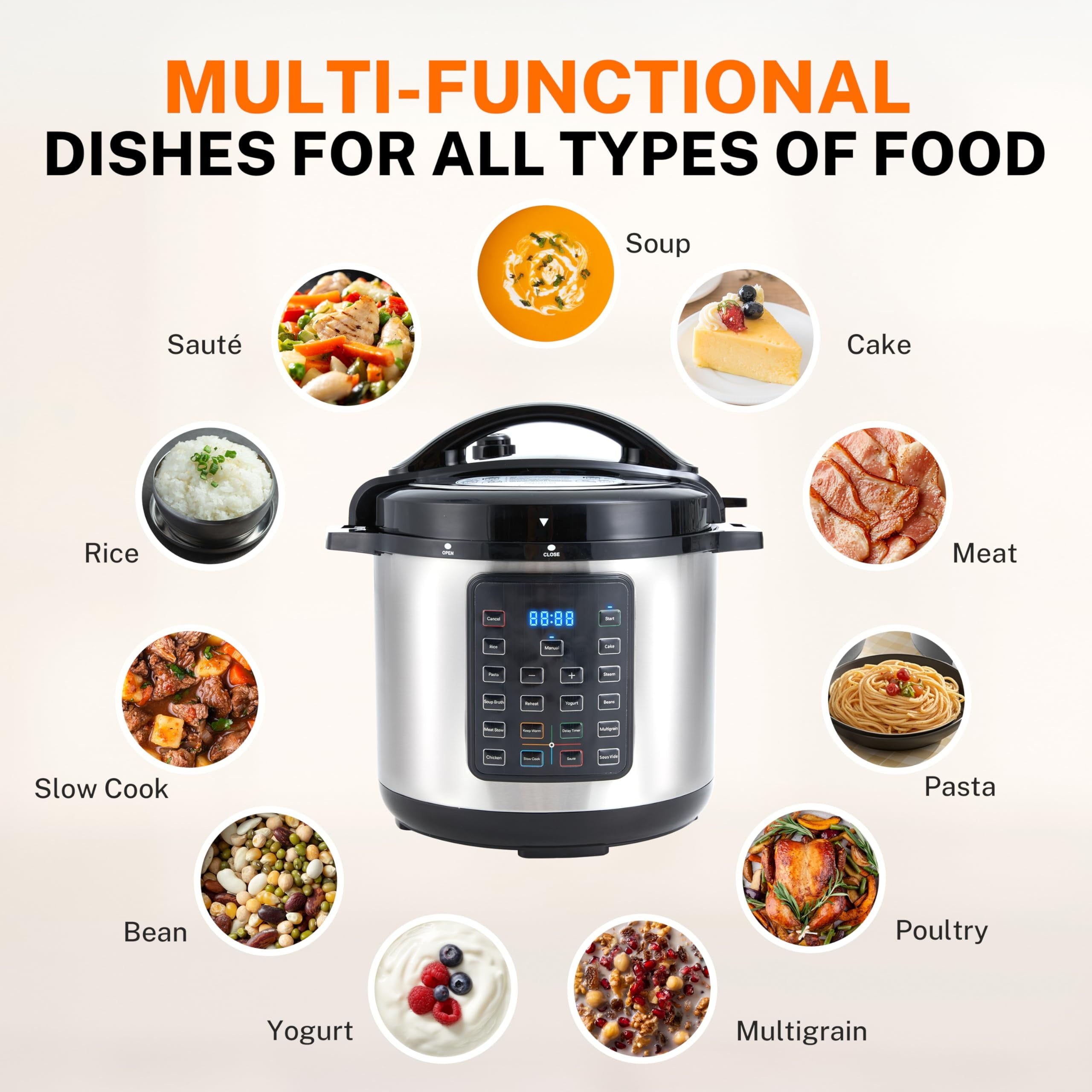 Electric Pressure Cooker 8 Quart, 9-in-1 Multi Cooker with Stainless Steel Housing, Smart Slow Cooker, Rice Cooker, Steamer & Yogurt Maker for Family Meals