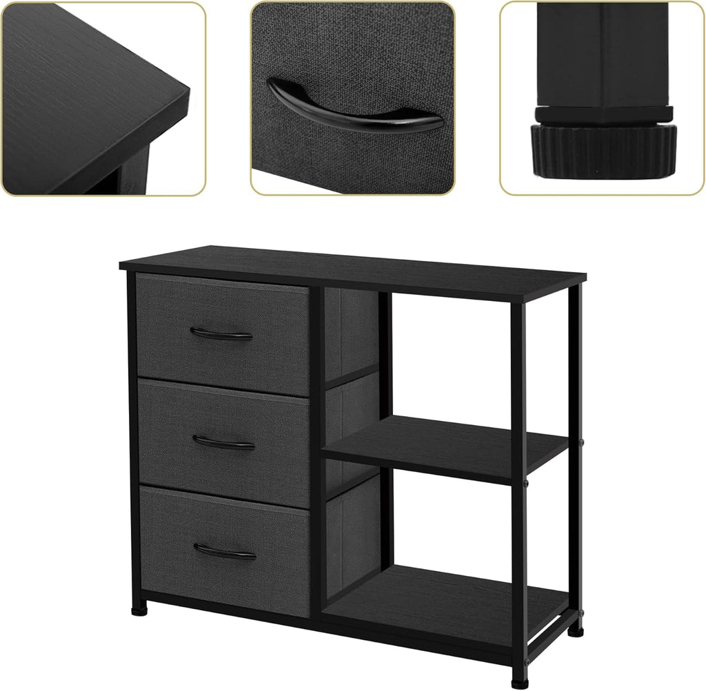 3 Drawer Nightstand for Bedroom,Fabric Dresser with Wood Top and Shelves, Chest of Drawer Organizer Storage Cabinet, Bedside Table, Grey
