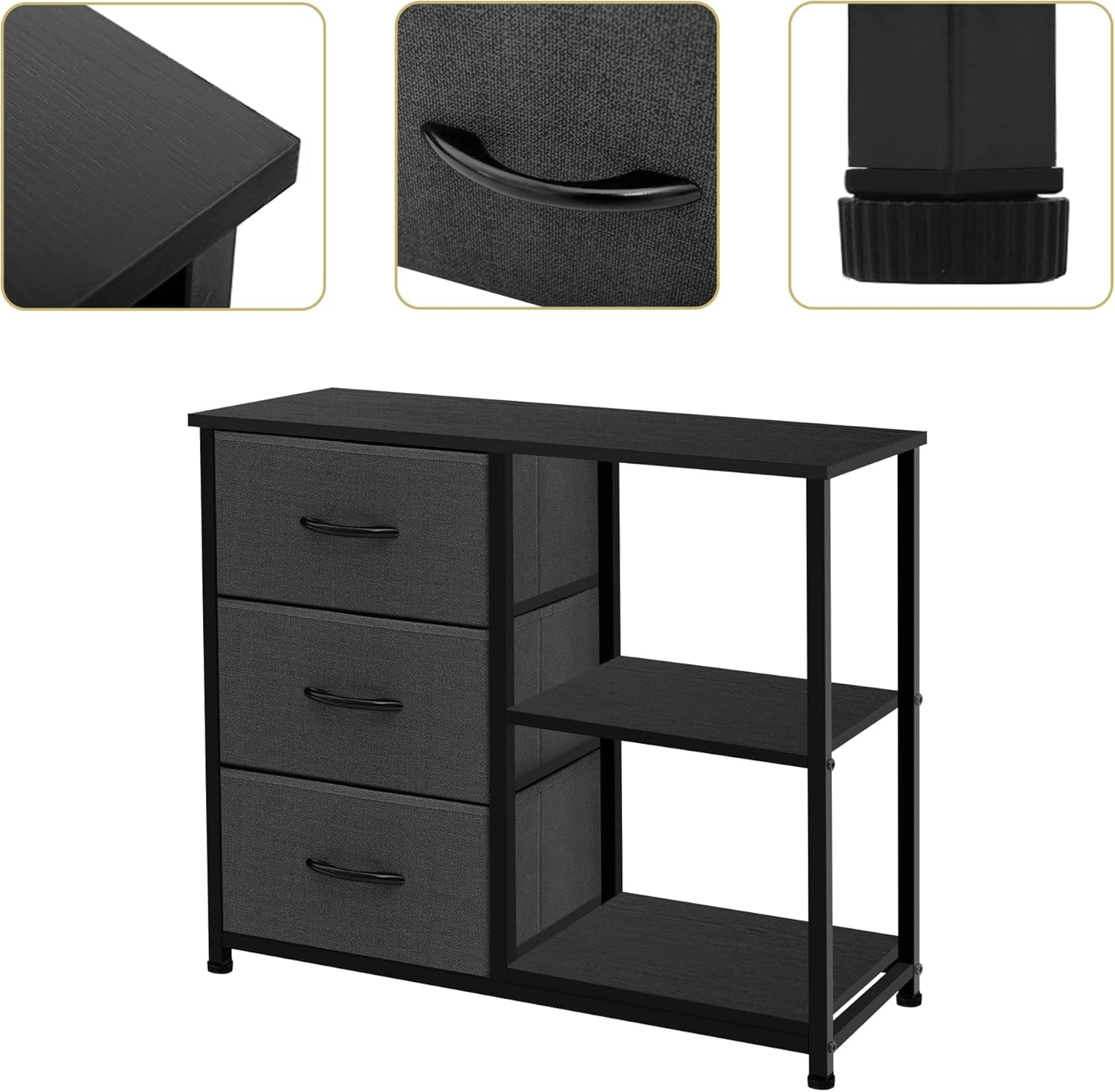 3 Drawer Nightstand for Bedroom,Fabric Dresser with Wood Top and Shelves, Chest of Drawer Organizer Storage Cabinet, Bedside Table, Grey