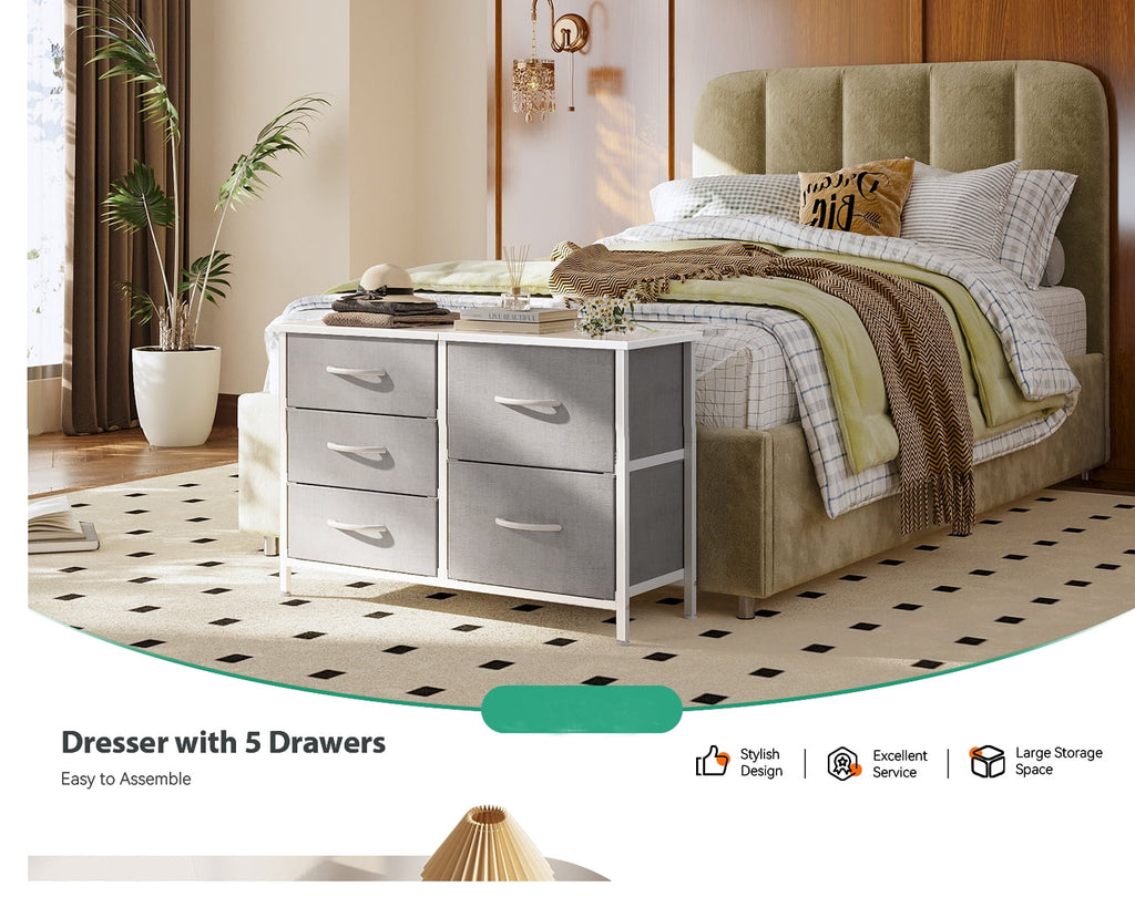5 Drawer Fabric Dresser for Bedroom and Living Room, Chest of Drawer Organizer Storage Cabinet for Closet, Entryway, Grey